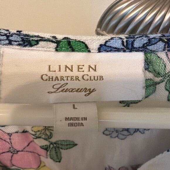 Linen Charter Club Luxury Floral Blouse Women's Size Large Pink Blue Cottagecore - Picture 3 of 8